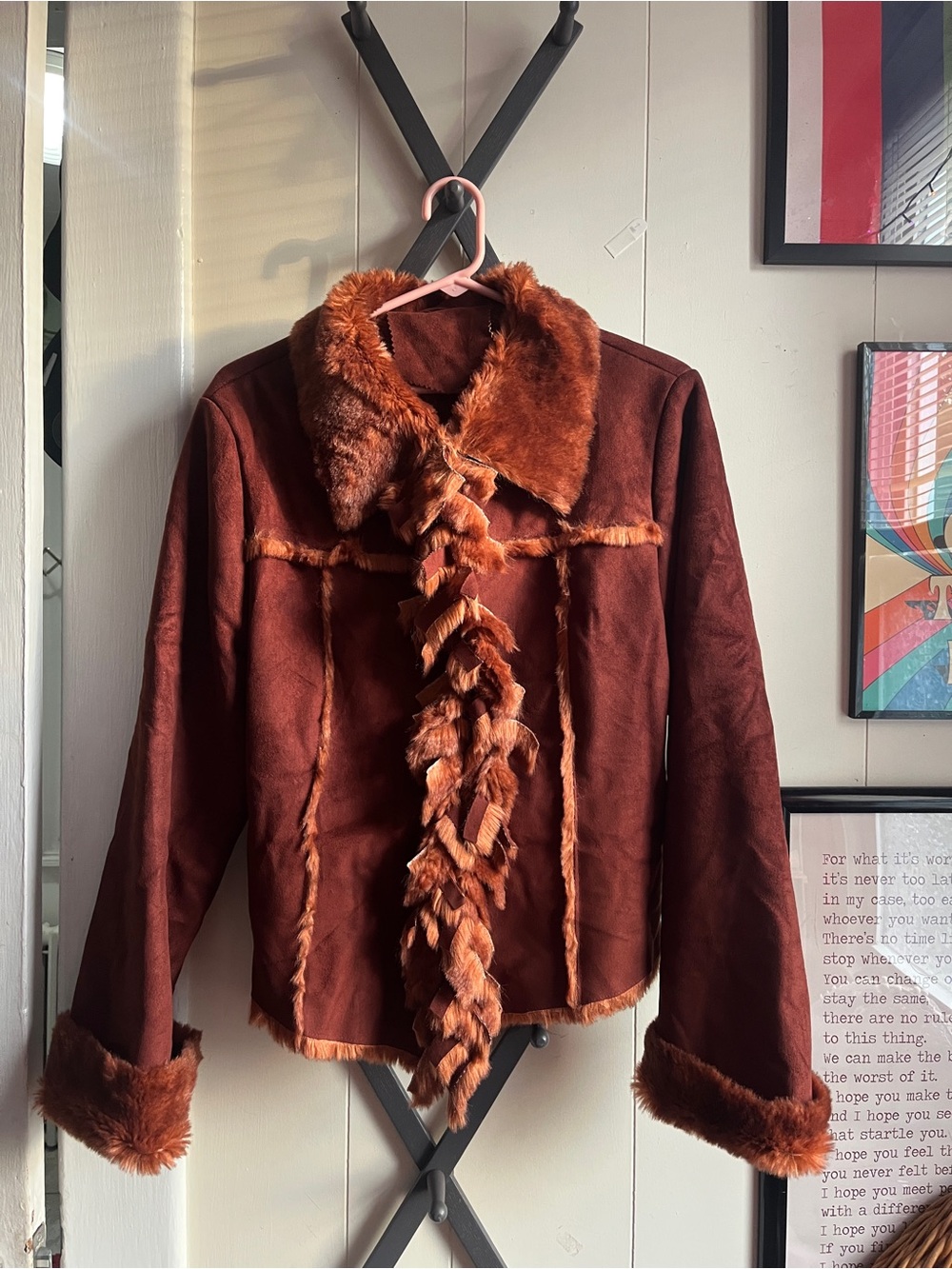 Vintage Faux Fur Burnt Orange Jacket with Ruffle Trim